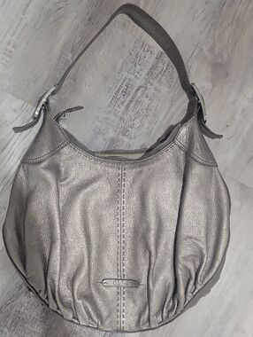 Leather Shoulder Hobo Bag in Metallic Gray